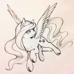 Size: 743x743 | Tagged: safe, artist:jmocha0701, imported from derpibooru, oc, oc only, oc:sky sherbet, pegasus, pony, female, flying, looking at you, mare, raised hoof, sketch, solo, spread wings, traditional art, wings