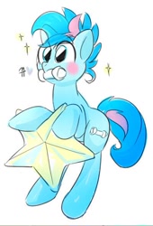 Size: 400x587 | Tagged: artist needed, safe, imported from derpibooru, oc, oc only, oc:blue chewings, earth pony, pony, blushing, korean, needs more jpeg, simple background, solo, sparkles, stars, tangible heavenly object, white background