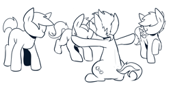 Size: 1600x823 | Tagged: safe, artist:maren, imported from derpibooru, oc, oc only, oc:blue chewings, earth pony, pegasus, pony, unicorn, 2015, monochrome, old art, rear view, sitting, surrounded, t pose
