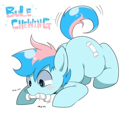 Size: 872x786 | Tagged: safe, artist:oniku, imported from derpibooru, oc, oc only, oc:blue chewings, earth pony, pony, behaving like a dog, blushing, chew toy, crouching, misspelling, simple background, solo, tail, tail wag, white background