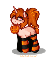 Size: 627x720 | Tagged: safe, imported from derpibooru, oc, oc only, unicorn, bow, chibi, clothes, glasses, halloween, holiday, pumpkin, pumpkin bucket, simple background, socks, solo, striped socks, tail, tail bow, transparent background