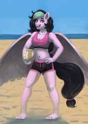 Size: 2892x4096 | Tagged: safe, artist:toisanemoif, imported from derpibooru, oc, oc only, oc:galactic lights, anthro, pegasus, barefoot, beach, belly button, clothes, commissioner:rainbowdash69, feet, high res, looking at you, midriff, open mouth, open smile, outdoors, pegasus oc, shorts, smiling, solo, sports, standing, volleyball, wings