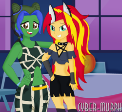 Size: 2200x2016 | Tagged: safe, artist:cyber-murph, imported from derpibooru, sunset shimmer, oc, oc:lightning voice, human, equestria girls, belly button, canterlot high, clothes, commission, cosplay, costume, cute, halloween, halloween costume, hand on hip, helluva boss, holiday, jojo's bizarre adventure, jolyne cujoh, loona (helluva boss), midriff, pentagram, signature