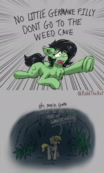 Size: 1241x2048 | Tagged: safe, artist:reddthebat, imported from derpibooru, oc, oc only, oc:filly anon, oc:luftkrieg, earth pony, pegasus, pony, 2 panel comic, comic, dialogue, drugs, duo, female, filly, foal, german, marijuana, open mouth, ponified, underhoof