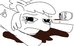 Size: 882x546 | Tagged: safe, artist:tjpones, imported from derpibooru, apple bloom, earth pony, pony, black and white, crying, female, filly, foal, grayscale, looking at you, monochrome, pepsi, simple background, sketch, soda, soda can, solo, spilled drink, white background