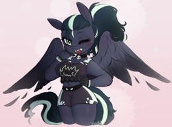 Size: 2122x1569 | Tagged: safe, artist:frigidmare, imported from derpibooru, oc, oc only, oc:arkessa, anthro, pegasus, pony, clothes, fangs, female, lip piercing, piercing, ponytail, snake bites, solo, wings