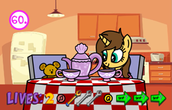 Size: 901x576 | Tagged: safe, artist:j.d. brony, imported from derpibooru, oc, oc:jenny, pony, unicorn, cup, female, flash game, food, garfield, mare, plushie, ponified, pookie, solo, tea, teacup, teddy bear, the impossible quiz
