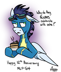 Size: 997x1169 | Tagged: safe, artist:whirlwindflux, imported from derpibooru, soarin', pegasus, pony, cake, clothes, food, male, mlp fim's twelfth anniversary, solo, stallion, uniform, wonderbolts uniform