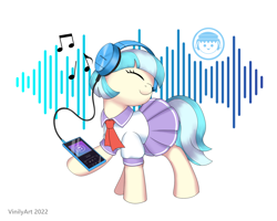 Size: 1672x1336 | Tagged: safe, artist:vinilyart, imported from derpibooru, coco pommel, earth pony, pony, clothes, cocobetes, cute, eyes closed, female, headphones, mare, music notes, sailor uniform, simple background, skirt, solo, uniform, white background