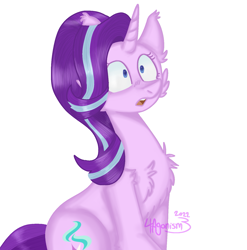 Size: 1531x1551 | Tagged: safe, artist:4agonism, imported from derpibooru, starlight glimmer, pony, unicorn, :o, bust, cheek fluff, chest fluff, cute, ear fluff, female, glimmerbetes, looking offscreen, mare, open mouth, shoulder fluff, simple background, sitting, solo, white background