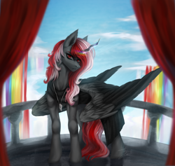 Size: 1872x1775 | Tagged: safe, artist:lynex_483, imported from derpibooru, oc, oc:skyshard, alicorn, pony, alicorn oc, balcony, black dress, black fur, blue sky, clothes, cloud, curtains, day, dress, front view, horn, jewelry, outdoors, pendant, rainbow, red eyes, red hair, red mane, red tail, serious, serious face, sky, solo, tail, wings