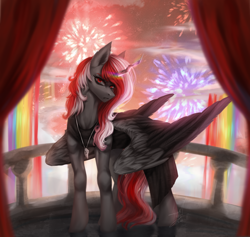 Size: 1872x1775 | Tagged: safe, artist:lynex_483, imported from derpibooru, oc, oc:skyshard, alicorn, pony, alicorn oc, balcony, black dress, black fur, clothes, cloud, curtains, dress, fireworks, front view, horn, jewelry, night, outdoors, pendant, rainbow, red eyes, red hair, red mane, red sky, red tail, serious, serious face, sky, solo, tail, wings