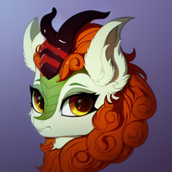 Size: 512x512 | Tagged: safe, editor:paracompact, imported from derpibooru, autumn blaze, kirin, ai assisted, ai content, ai generated, bust, generator:purplesmart.ai, generator:stable diffusion, gradient background, looking at you, portrait, solo, unamused