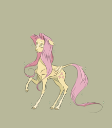 Size: 946x1086 | Tagged: safe, artist:ulinmoon, imported from derpibooru, fluttershy, pegasus, pony, coat markings, colored hooves, eyebrows, female, folded wings, g4, leonine tail, long legs, mare, raised hoof, simple background, slim, solo, sparkles, tail, wings