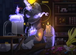 Size: 3500x2500 | Tagged: safe, artist:medkit, imported from derpibooru, oc, oc only, earth pony, pony, alicorn amulet, book, book of harmony, bookshelf, candle, crystal, curtains, element of generosity, element of honesty, element of kindness, element of laughter, element of loyalty, element of magic, elements of harmony, eyes open, feather, fire, high res, idol of boreas, inkwell, letter, magic, magical artifact, male, night, paint tool sai 2, partially open wings, quill, ring of destiny, scroll, speedpaint, stallion, unshorn fetlocks, wings