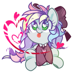 Size: 899x883 | Tagged: safe, artist:yokokinawa, imported from derpibooru, oc, oc only, oc:blazey sketch, pegasus, :p, bow, chibi, clothes, grey fur, hair bow, heart, heart eyes, multicolored hair, simple background, sitting, small wings, solo, sweater, tongue out, white background, wingding eyes, wings