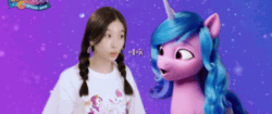 Size: 498x210 | Tagged: safe, imported from derpibooru, izzy moonbow, human, pony, unicorn, spoiler:my little pony: a new generation, animated, china, chinese, female, g5, gif, irl, irl human, mare, my little pony: a new generation, photo, translated in the comments, voice actor