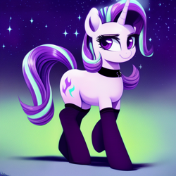 Size: 1024x1024 | Tagged: safe, imported from derpibooru, starlight glimmer, pony, unicorn, ai content, ai generated, choker, clothes, female, generator:pony diffusion v1, generator:stable diffusion, looking at you, mare, prompter:siber, smiling, smiling at you, socks, solo, stars, stockings, thigh highs, walking