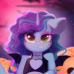 Size: 1445x1445 | Tagged: safe, artist:kebchach, imported from derpibooru, pony, unicorn, clothes, costume, cropped, fake wings, g5, halloween, halloween costume, heart, heart eyes, licking, licking lips, looking at you, misty brightdawn, seductive, solo, tongue out, wingding eyes