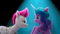 Size: 1344x762 | Tagged: safe, imported from derpibooru, screencap, izzy moonbow, zipp storm, pegasus, pony, unicorn, spoiler:my little pony: make your mark chapter 2, spoiler:myms01e07, animated, blink twice if you feel you're in danger, blinking, eye contact, female, floppy ears, fluffy, frown, g5, glare, hoof done it?, looking at each other, looking at someone, mare, my little pony: make your mark, my little pony: make your mark chapter 2, out of context, shipping fuel, walldong