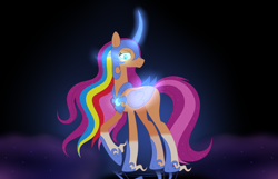 Size: 2800x1800 | Tagged: safe, artist:snowwind69, imported from derpibooru, nightmare moon, sunny starscout, alicorn, pony, artificial horn, artificial wings, augmented, base used, beautiful, curved horn, female, g5, glowing, glowing eyes, high res, horn, long legs, long mane, magic, magic horn, magic wings, mare, nightmare sunny, possessed, race swap, raised hoof, slim, slit pupils, solo, sunnycorn, tall, wings