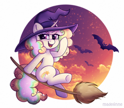 Size: 2400x2084 | Tagged: safe, artist:madelinne, imported from derpibooru, oc, oc only, bat, pony, unicorn, broom, commission, flying, flying broomstick, halloween, hat, holiday, male, night, simple background, solo, stallion, white background, witch, witch hat, ych result, your character here