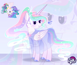 Size: 1280x1087 | Tagged: safe, artist:emperor-anri, imported from derpibooru, princess celestia, trixie, oc, alicorn, pony, unicorn, alicorn oc, eyelashes, female, hoof polish, horn, looking back, magical lesbian spawn, mare, offspring, parent:princess celestia, parent:trixie, smiling, wings, zoom layer