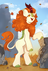 Size: 2642x3890 | Tagged: safe, artist:_ellashi_, imported from derpibooru, autumn blaze, kirin, aesthetics, cloven hooves, cute, female, grass, leaf, mountain, open mouth, smiling, solo, standing on two hooves