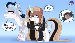 Size: 1280x729 | Tagged: safe, artist:emperor-anri, imported from derpibooru, oc, oc only, pony, unicorn, choker, dialogue, female, grin, horn, male, mare, smiling, spiked choker, stallion, unamused, unicorn oc