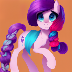 Size: 1024x1024 | Tagged: safe, imported from derpibooru, oc, oc only, earth pony, pony, ai content, ai generated, braid, braided tail, female, generator:pony diffusion v1, generator:stable diffusion, looking at you, mare, prompter:siber, raised hoof, raised leg, solo, tail, weird eyes