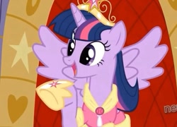 Size: 735x530 | Tagged: safe, imported from derpibooru, screencap, twilight sparkle, alicorn, pony, magical mystery cure, big crown thingy, clothes, coronation dress, dress, element of magic, jewelry, regalia, twilight sparkle (alicorn)