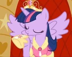 Size: 736x584 | Tagged: safe, imported from derpibooru, screencap, twilight sparkle, alicorn, pony, magical mystery cure, big crown thingy, clothes, coronation dress, dress, element of magic, eyes closed, jewelry, regalia, singing, twilight sparkle (alicorn)