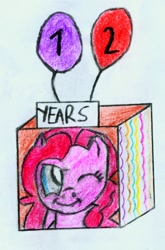 Size: 990x1496 | Tagged: safe, artist:kuco, imported from derpibooru, pinkie pie, balloon, box, mlp fim's twelfth anniversary, one eye closed, smiling, solo, traditional art