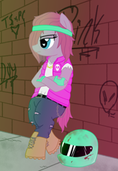 Size: 1476x2140 | Tagged: safe, artist:legendoflink, imported from derpibooru, pinkie pie, earth pony, biker, bipedal, bipedal leaning, blood, clothes, crossed arms, female, fingerless gloves, gloves, graffiti, hair covering face, helmet, hotline miami, leaning, mare, one eye covered, pinkamena diane pie, pinktober, solo, sweatband, vest