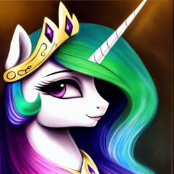 Size: 1024x1024 | Tagged: safe, imported from derpibooru, princess celestia, alicorn, pony, ai content, ai generated, bust, crown, female, generator:pony diffusion v1, generator:stable diffusion, jewelry, looking at you, mare, portrait, prompter:siber, regalia, smiling, solo