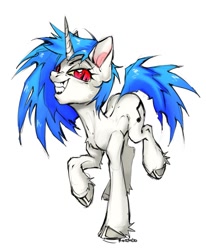 Size: 1111x1349 | Tagged: safe, artist:rozmed, imported from derpibooru, dj pon-3, vinyl scratch, pony, unicorn, female, hooves, looking at you, mare, missing accessory, pose, red eyes, simple background, skinny, smiling, solo, teeth, unshorn fetlocks, white background