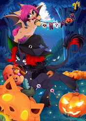 Size: 1000x1414 | Tagged: safe, artist:xsatanielx, imported from derpibooru, oc, oc only, bat pony, pony, unicorn, candy, female, food, forest, forest background, halloween, hat, holiday, jack-o-lantern, leonine tail, mouth hold, pumpkin, pumpkin bucket, tail, witch hat