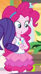Size: 500x892 | Tagged: safe, imported from derpibooru, screencap, applejack, pinkie pie, rarity, human, equestria girls, equestria girls series, rollercoaster of friendship, :o, clothes, cropped, cup in hair, cutie mark on clothes, geode of sugar bombs, hairband, jewelry, leggings, magical geodes, necklace, offscreen character, offscreen human, open mouth, rah rah skirt, skirt, sleeveless, tanktop