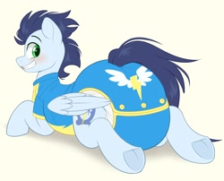 Size: 2000x1616 | Tagged: safe, artist:shuphle, imported from derpibooru, soarin', pegasus, pony, blushing, clothes, diaper, diaper fetish, fetish, frog (hoof), grin, looking back, lying down, non-baby in diaper, onesie, poofy diaper, prone, smiling, sploot, tail, tail hole, underhoof, uniform, wonderbolts, wonderbolts uniform