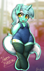 Size: 2192x3544 | Tagged: safe, artist:llametsul, imported from derpibooru, lyra heartstrings, pony, unicorn, :p, bipedal, blurry background, blushing, butt, chest fluff, clothes, colored sketch, cute, disproportional anatomy, happy birthday, heart, high res, huge butt, large butt, lyrabetes, sketch, solo, stockings, suspenders, thigh highs, tiny torso, tongue out