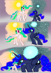 Size: 3392x4842 | Tagged: safe, alternate version, artist:ja0822ck, imported from derpibooru, princess celestia, princess luna, alicorn, pony, :p, grin, growth, looking at each other, looking at someone, moon, nervous, nervous grin, raspberry, royal sisters, siblings, sisters, size difference, slim, smiling, sun, tongue out