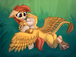 Size: 2538x1923 | Tagged: safe, artist:anti1mozg, derpibooru exclusive, imported from derpibooru, oc, oc only, oc:beaky, oc:sivka, earth pony, griffon, pony, fanfic:yellow feathers, beak, butt, coat markings, couple, cute, duo, grass, griffon oc, hug, interspecies, paw pads, paws, plot, shipping, smiling, snuggling, socks (coat markings), underhoof, underpaw