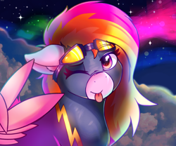 Size: 4096x3400 | Tagged: safe, artist:legionsunite, imported from derpibooru, oc, oc:velvet volt, pegasus, pony, ;p, aurora borealis, bodysuit, clothes, costume, female, looking at you, mare, night, one eye closed, peace sign, shadowbolts, shadowbolts costume, tongue out, wings, wink