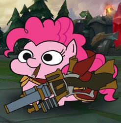 Size: 649x657 | Tagged: safe, artist:glim_gg, imported from derpibooru, pinkie pie, earth pony, pony, cigar, cigarette, graves, graves (league of legends), gun, league of legends, smoking, squatpony, weapon
