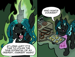 Size: 3492x2676 | Tagged: safe, artist:doodledonutart, imported from derpibooru, queen chrysalis, changeling, changeling queen, 2 panel comic, apron, bait and switch, baking, baking sheet, clothes, comic, cookie, cute, cutealis, dark magic, dialogue, fangs, female, food, gloating, high res, kiss the cook, magic, magic aura, open mouth, open smile, oven, ponytober, smiling, solo, speech bubble