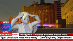 Size: 1920x1080 | Tagged: safe, artist:fuzeamateursfm, imported from derpibooru, derpy hooves, anthro, pegasus, 3d, ah eto bleh, among us, anime reference, blatant lies, chernobyl, eyes closed, fire, fire engine, i just don't know what went wrong, implied mayor mare, implied princess celestia, meme, news, news report, solo, source filmmaker, this will end in radiation poisoning, we are going to hell, you're under arrest