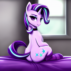 Size: 1024x1024 | Tagged: safe, imported from derpibooru, starlight glimmer, pony, unicorn, ai content, ai generated, bedroom eyes, butt, choker, clothes, female, generator:pony diffusion v1, generator:stable diffusion, glimmer glutes, looking at you, looking back, looking back at you, mare, plot, prompter:siber, socks, solo