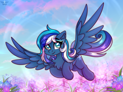 Size: 2500x1875 | Tagged: safe, artist:fluffywhirlpool, imported from derpibooru, oc, oc only, oc:flaming dune, pegasus, pony, beautiful, chest fluff, cloud, commission, curly hair, cute, eye clipping through hair, eyebrows, eyebrows visible through hair, eyeshadow, female, flower, flower field, flowing tail, flying, full body, grass, green eyes, heart, heart eyes, looking at you, makeup, mare, multicolored mane, multicolored tail, pegasus oc, scenery, sky, sky background, smiling, smiling at you, solo, spread wings, tail, wingding eyes, wings