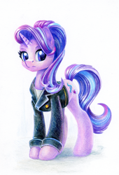 Size: 818x1200 | Tagged: safe, artist:maytee, imported from derpibooru, starlight glimmer, pony, unicorn, clothes, colored pencil drawing, jacket, simple background, solo, traditional art, white background