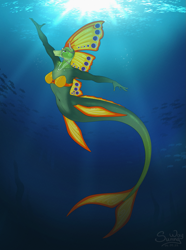 Size: 1043x1400 | Tagged: safe, artist:sunny way, imported from derpibooru, anthro, fish, horse, mermaid, merpony, comic, cute, deep, female, mare, ocean, pinup, smiling, solo, underwater, water